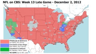 Illustration for article titled Which TV Market Is Getting Screwed This Sunday? An Analysis Of Week 13 NFL Viewing Maps